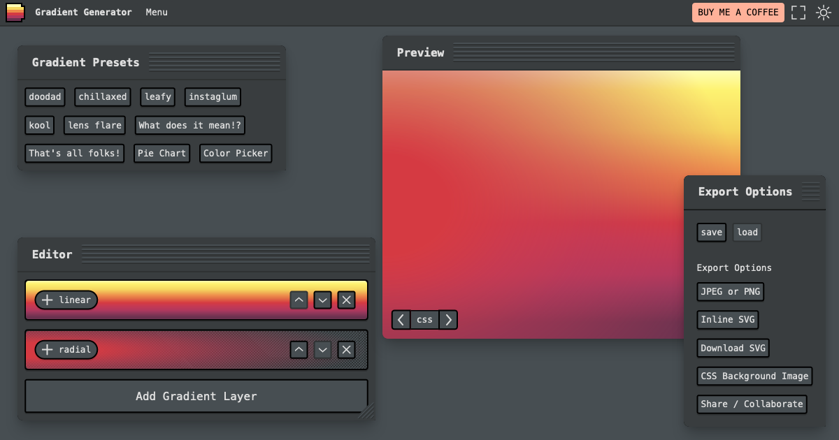 Gradient Generator — Create CSS, SVG and PNG color gradients